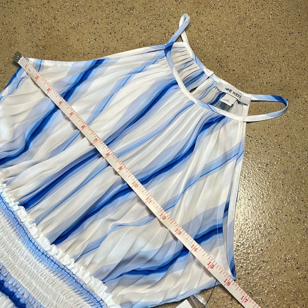 Nine West blue white accordion pleated shark bite hem high neck midi dress NEW - Picture 12 of 16